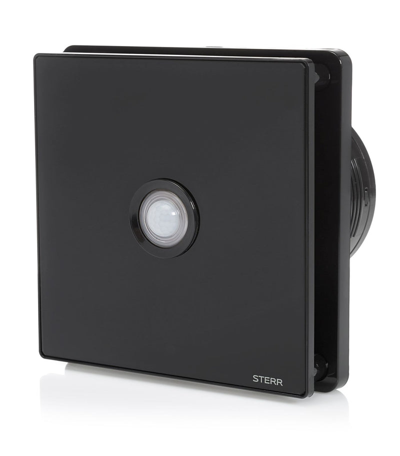 STERR BFS100T-B Zwarte badkamerventilator, 100 mm met timer en glazen front, moderne look, 10 W STERR BFS100T-B Zwarte badkamerventilator, 100 mm met timer en glazen front, moderne look, 10 W