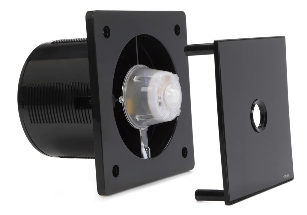 STERR badkamerventilator 150 mm met terugslagklep en timer - LED lamp - zwarte badkamerventilator - stille werking - moderne ventilator voor de badkamer STERR badkamerventilator 150 mm met terugslagklep en timer - LED lamp - zwarte badkamerventilator - stille werking - moderne ventilator voor de badkamer